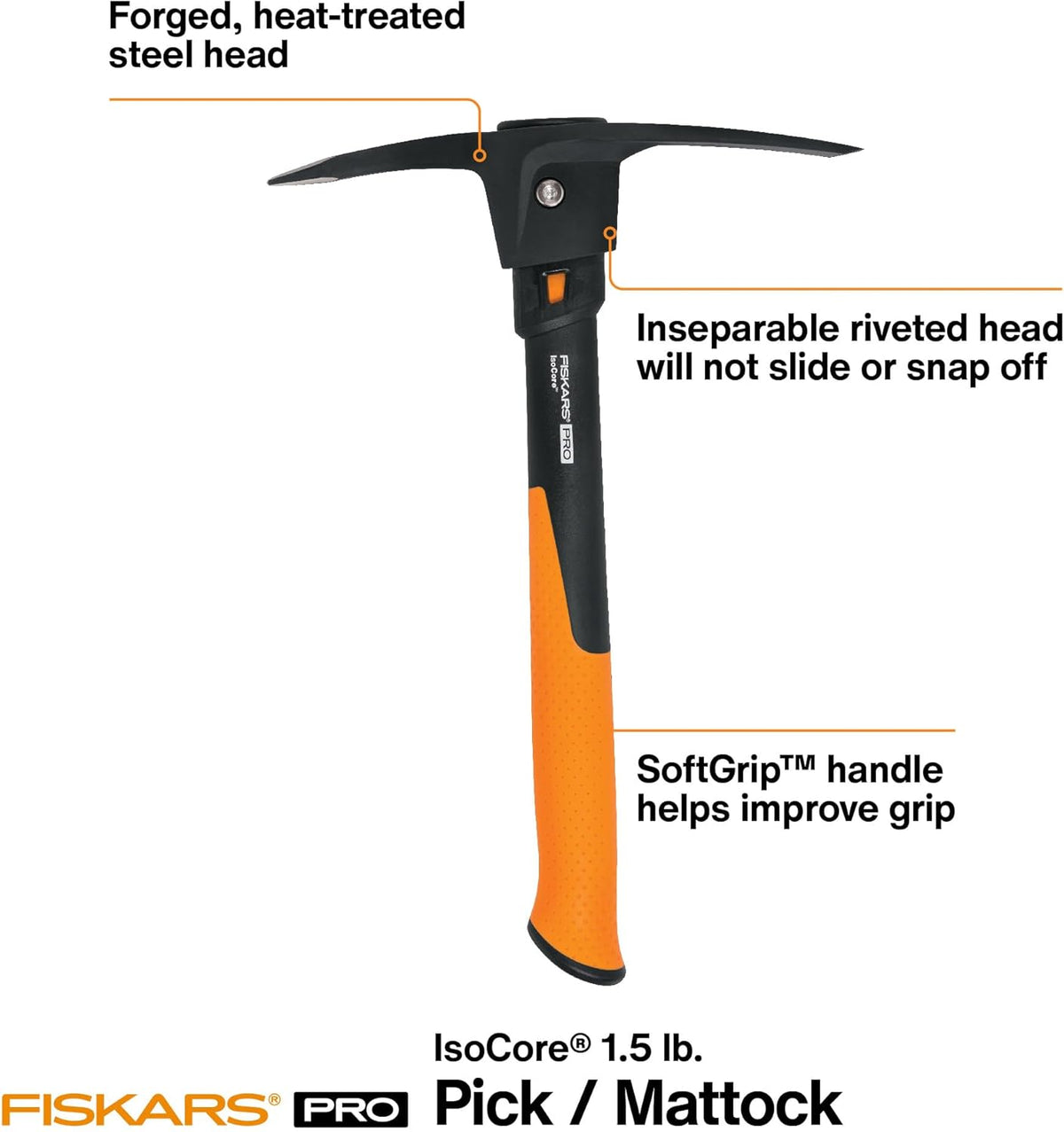 Fiskars IsoCore Pickaxe Mattock with Shock-Absorbing Handle, Dual-Head Tool for Roots & Rocks, 1.5