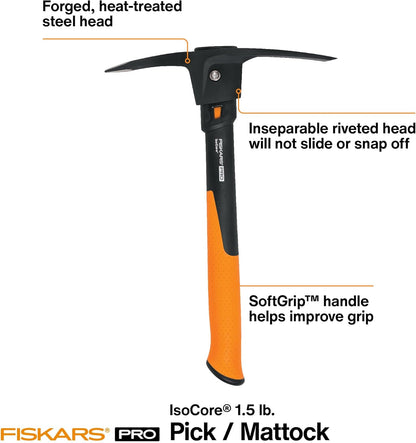 Fiskars IsoCore Pickaxe Mattock with Shock-Absorbing Handle, Dual-Head Tool for Roots & Rocks, 1.5