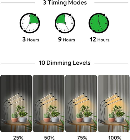Full Spectrum LED Grow Light for Indoor Plants, 3Heads Grow Lights for Seed Starting, 10 Dimmable