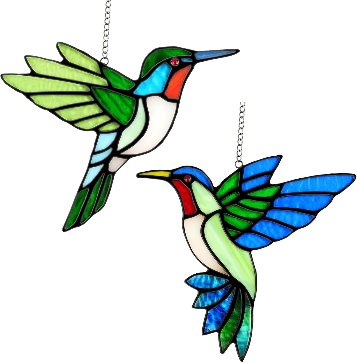 2 Packs Hummingbird Stained Glass Window Hanging Suncatchers - 6 Inch Handmade Real Glass with
