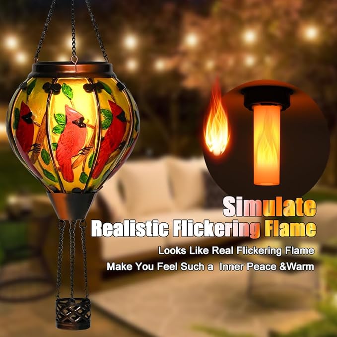Hot Air Balloon Solar Lantern - Large Cardinal Bird Glass Lantern, Simulated Flickering & Dancing