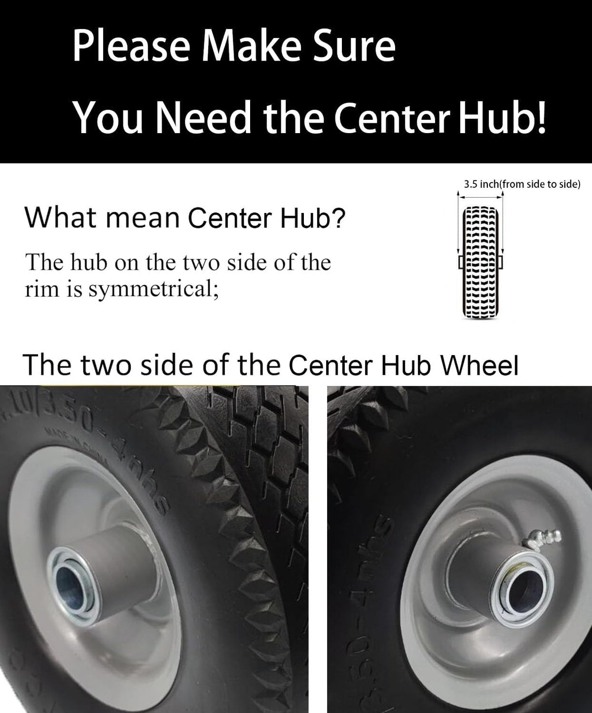 Flat Free 4.10/3.50-4 Tire with 3/4 & 5/8 Axle Bore, 3.5” Center Hub 10 inch Solid Tire Replacement
