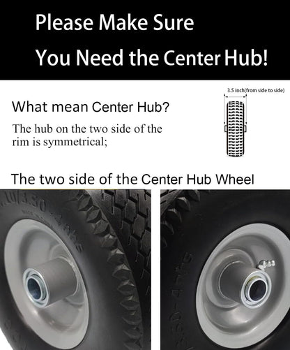 Flat Free 4.10/3.50-4 Tire with 3/4 & 5/8 Axle Bore, 3.5” Center Hub 10 inch Solid Tire Replacement