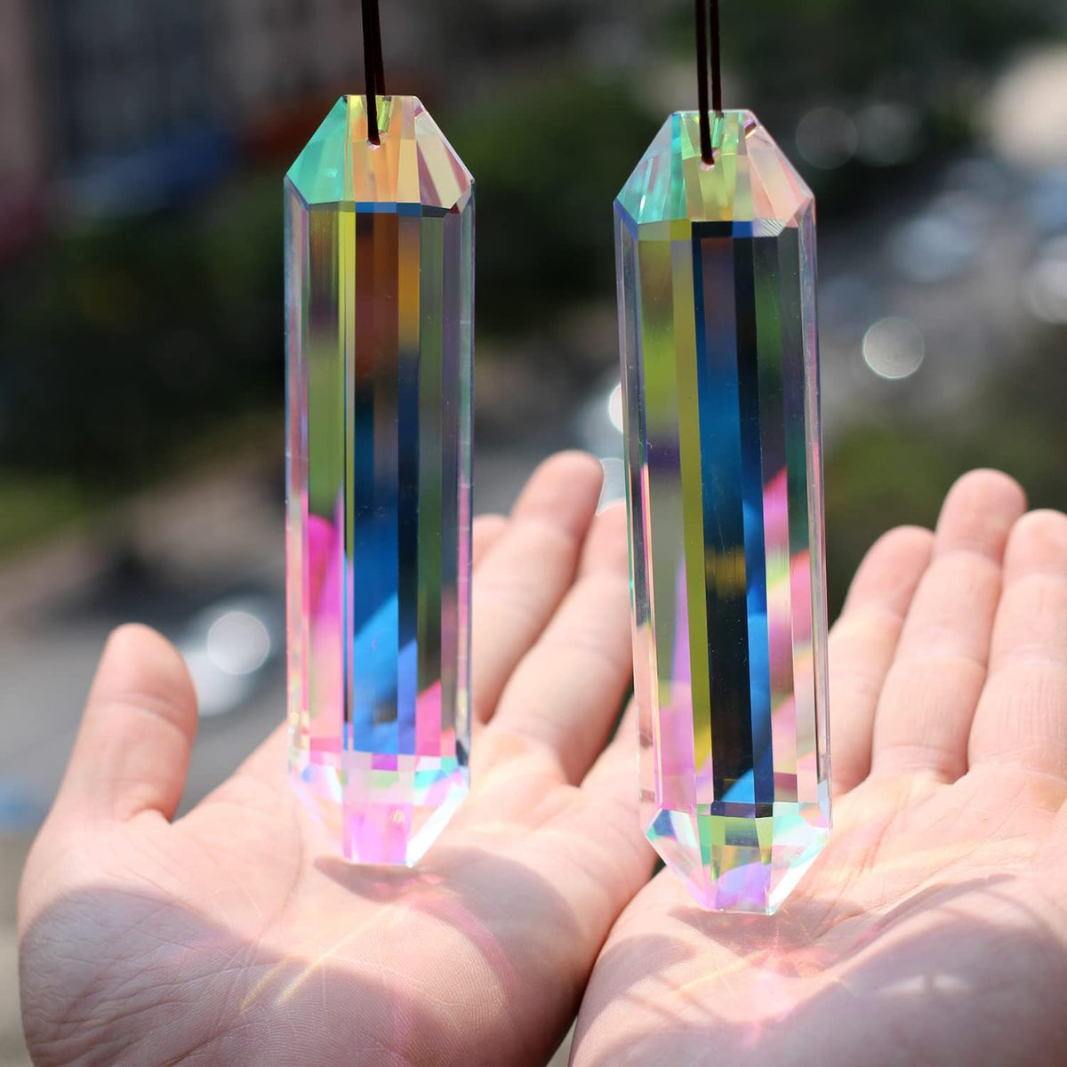 2PCS 5" Large Suncatchers Crystal Prisms, STINO Hanging Sun Catcher with Glass Prism, Rainbow Maker
