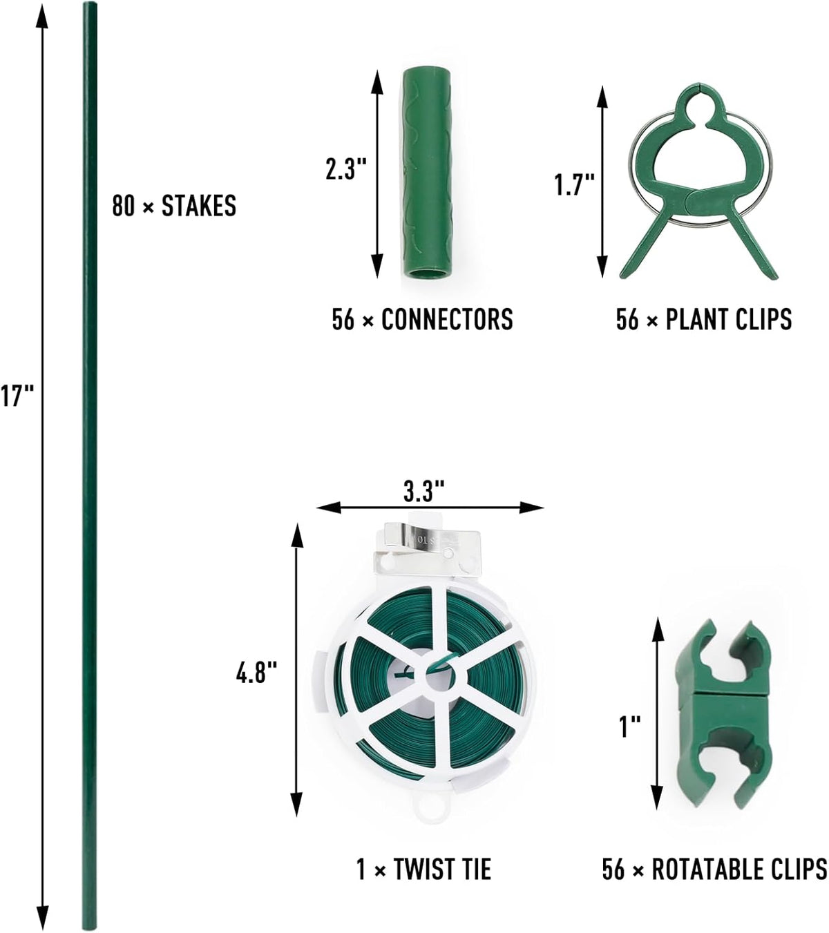 MAXPACE 249pcs Garden Stakes Kit: Includes 80 Sets of Fiberglass Plant Sticks Supports &