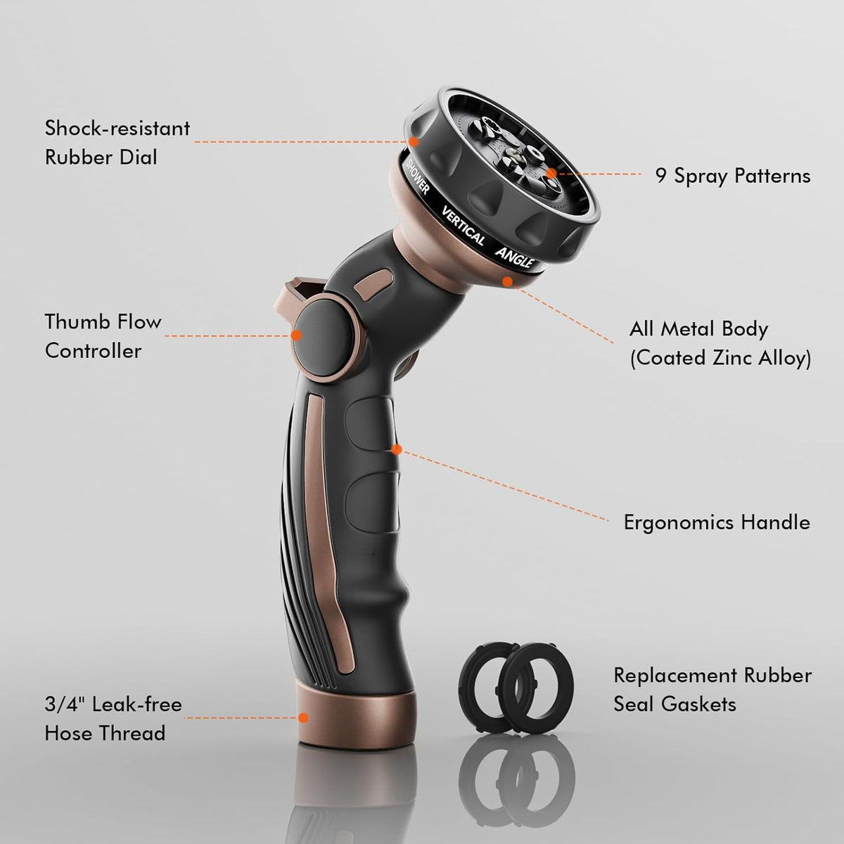 RESTMO Hose Nozzle Heavy Duty, Metal Water Hose Sprayer for Garden, 9 Spray Patterns | High