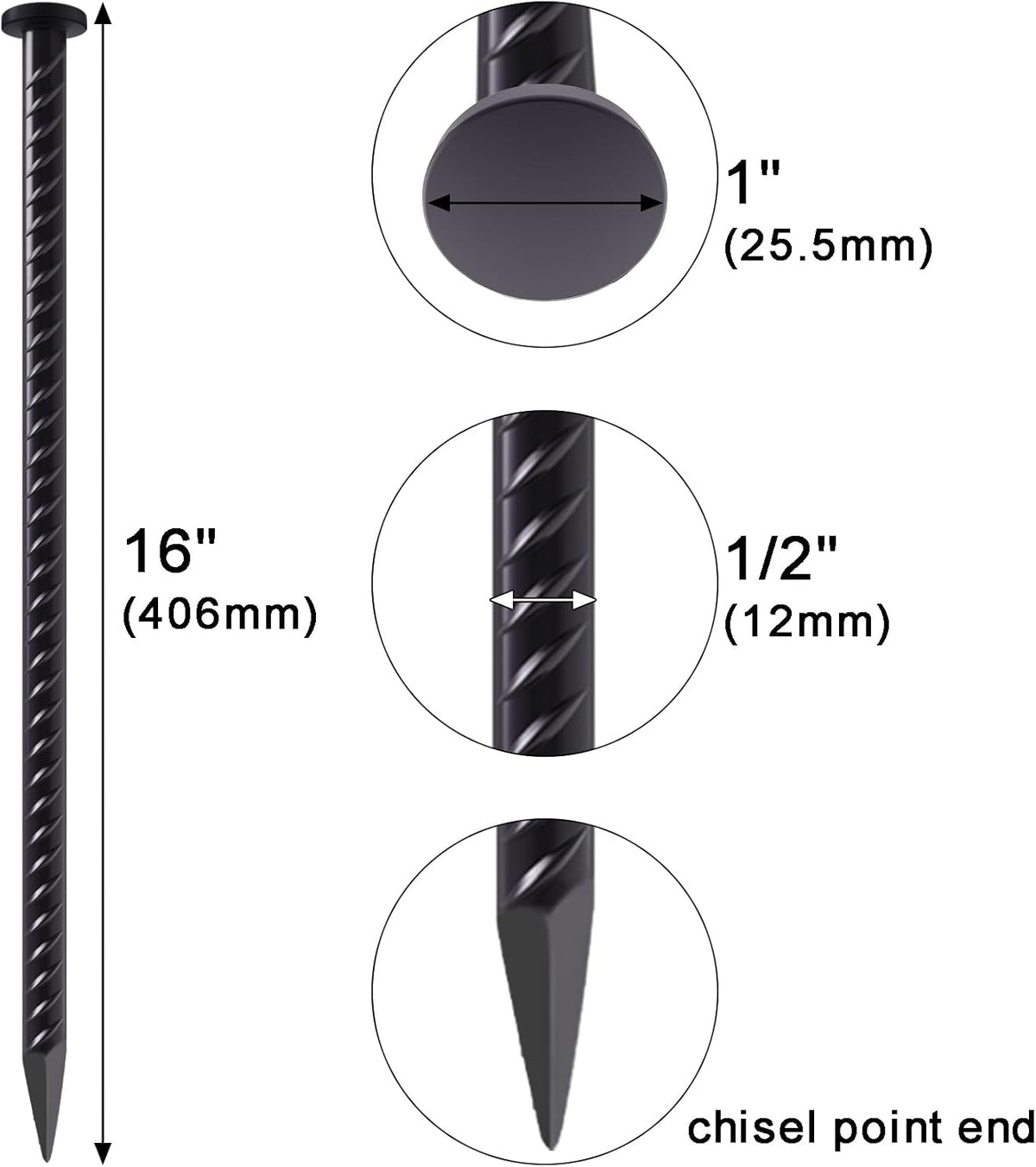 20 Pack Rebar Stakes 16 Inch Steel Ground Anchors 1/2 Inch Diameter Metal Landscape Stakes Heavy