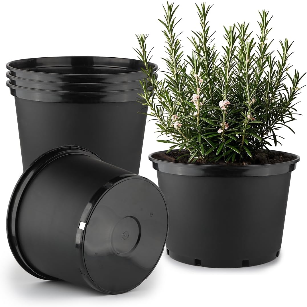 10 Gallon Plastic Nursery Pots, 16 Inch Round Plant Pots with Drainage Holes, 5 Pack Large Garden