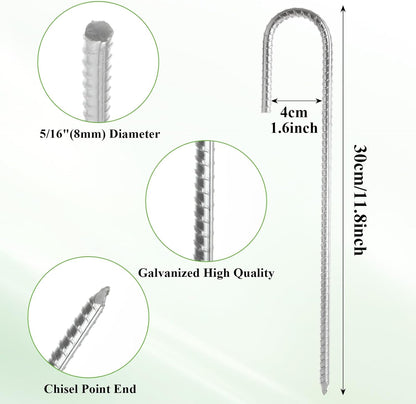 MIVIDE 30 Pack 12inch Galvanized Rebar Stakes J Hook, Heavy Duty J Hook Ground Anchors, Curved