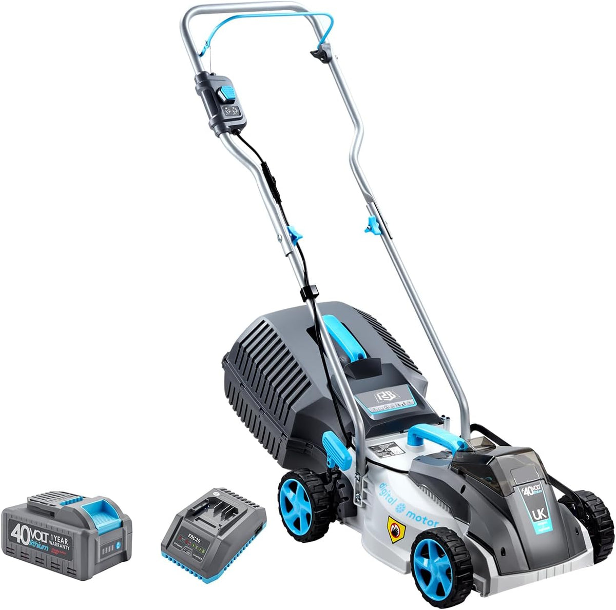 RB 40V 13-Inch Brushless Cordless Lawn Mower with 4.0Ah Lithium Battery & Fast Charger, 2-in-1