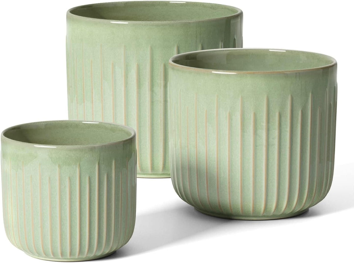 LE TAUCI Fluted Ceramic Planters Set of 3 – 8.3/7 / 5.7 in Sage Green Reactive Cylinder Indoor
