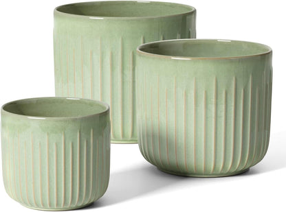 LE TAUCI Fluted Ceramic Planters Set of 3 – 8.3/7 / 5.7 in Sage Green Reactive Cylinder Indoor