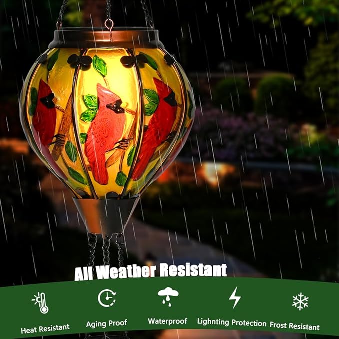 Hot Air Balloon Solar Lantern - Large Cardinal Bird Glass Lantern, Simulated Flickering & Dancing