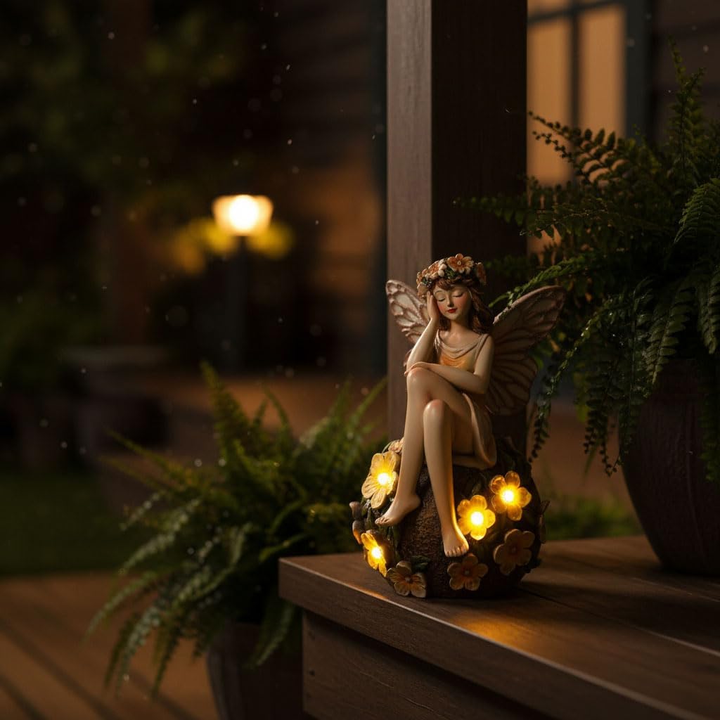 Solar Fairy Statue Sitting on The Flower Ball Light 6.8" Angel Statues for Garden Yard Patio Porch