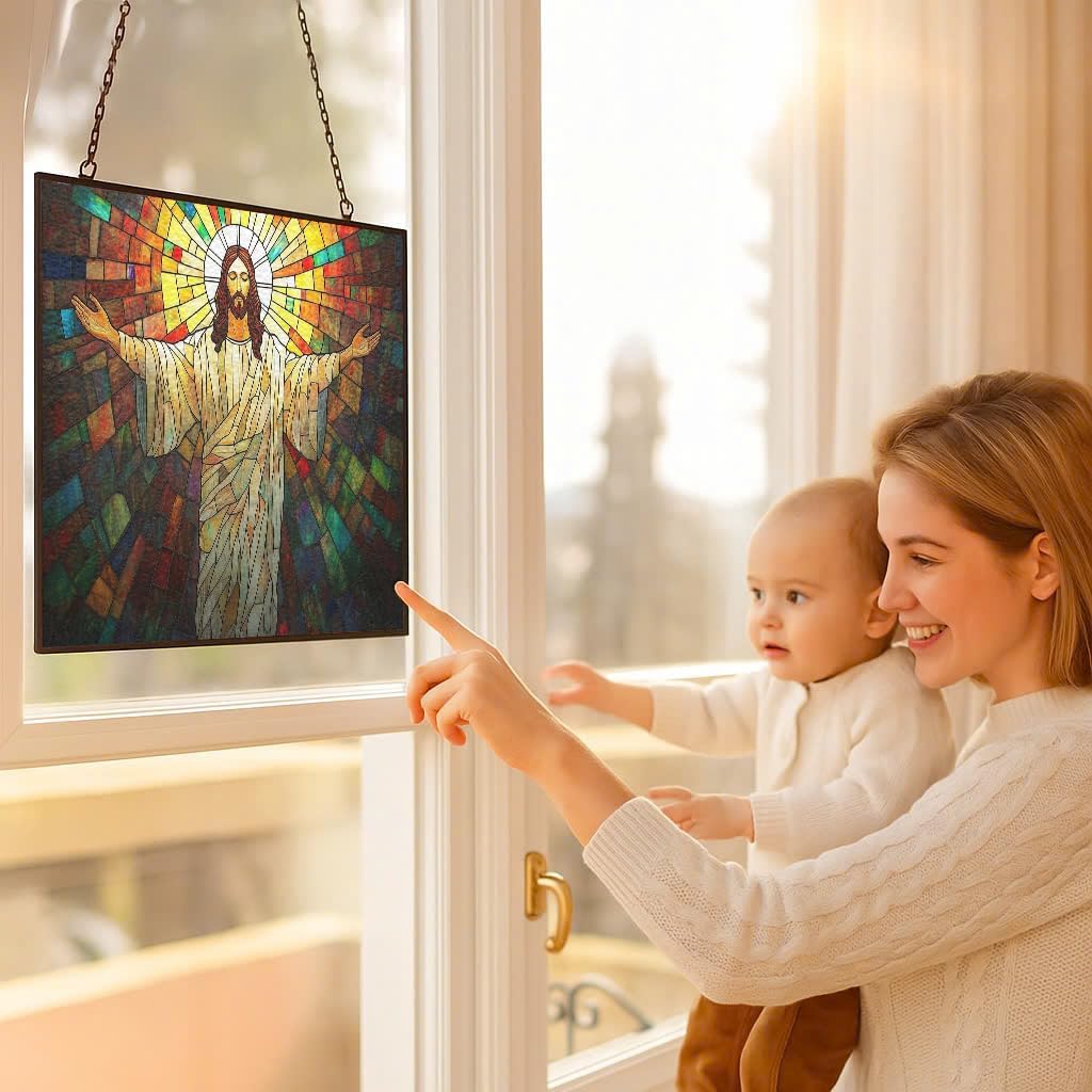 Customized Rectangle Boho Jesus Open Arms Stained Glass Suncatcher Stained Glass Window Hangings