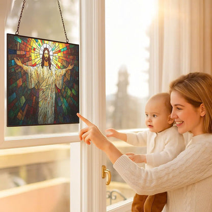Customized Rectangle Boho Jesus Open Arms Stained Glass Suncatcher Stained Glass Window Hangings