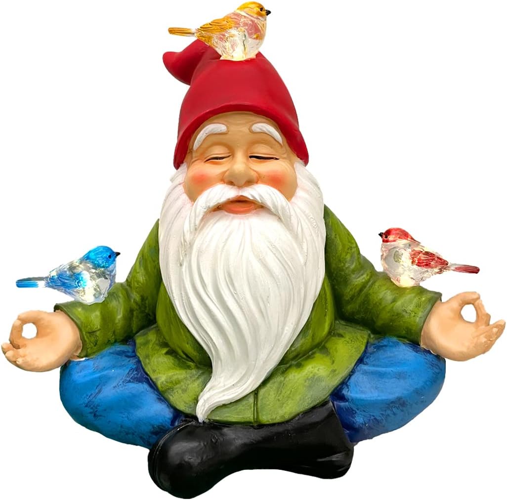 Solar Powered Gnome with Red Hat and 3 Birds, Resin Garden Ornament with LED Light, Lawn Figurine