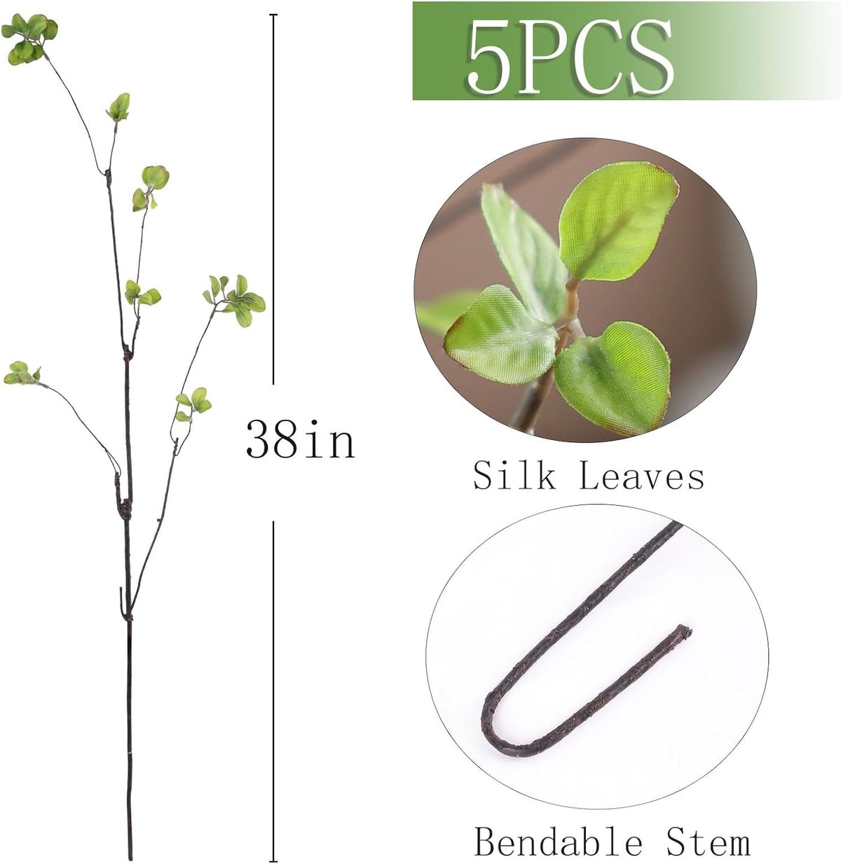 mizii 5pcs Artificial Greenery Stems 38in Realistic Faux Ficus Branches Long Stem with Green Leaves