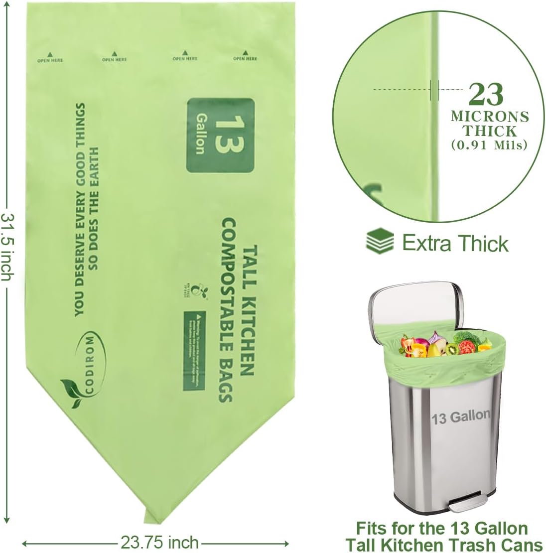 100% Compostable Trash Bags, 13 Gallon, 49.2 Liter, 0.91 Mils, 65 Count Kitchen Tall Food Scrap
