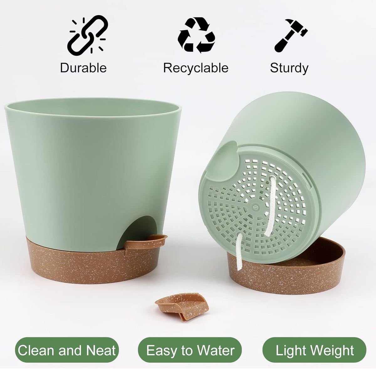 Indoor Self Watering Planters with Drainage Holes and Saucers, 8, 7, 6.5, 6, 5.5, 5 Inches, Green