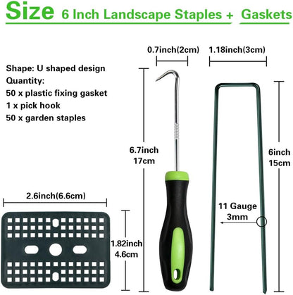 Bakulyor 50 Pcs Green Artificial Turf Stakes Anchor + 50 Pcs Buffer Washer, 6 Inch 11 Gauge