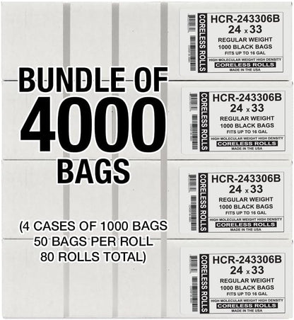 Aluf Plastics High Density Trash Bags, 16 Gallon, 4000 Count, 6 Micron (eq), 24" x 33", Black, for