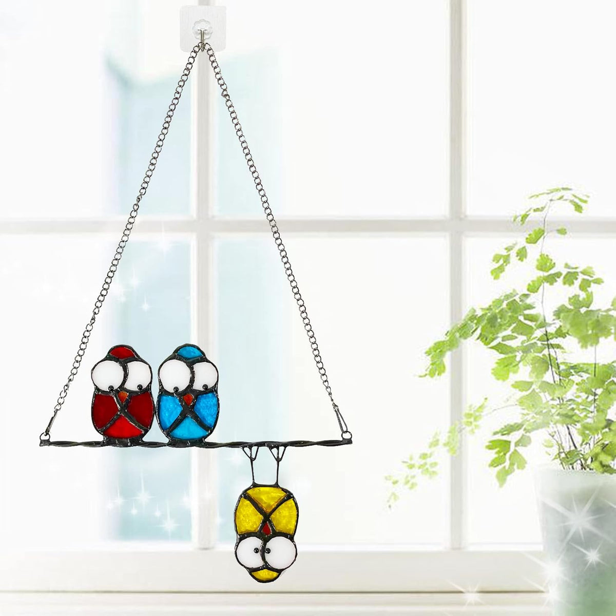 Double-Side High Stained Glass Suncatcher Panel, Multicolor Owls Suncatcher for Windows Doors Room