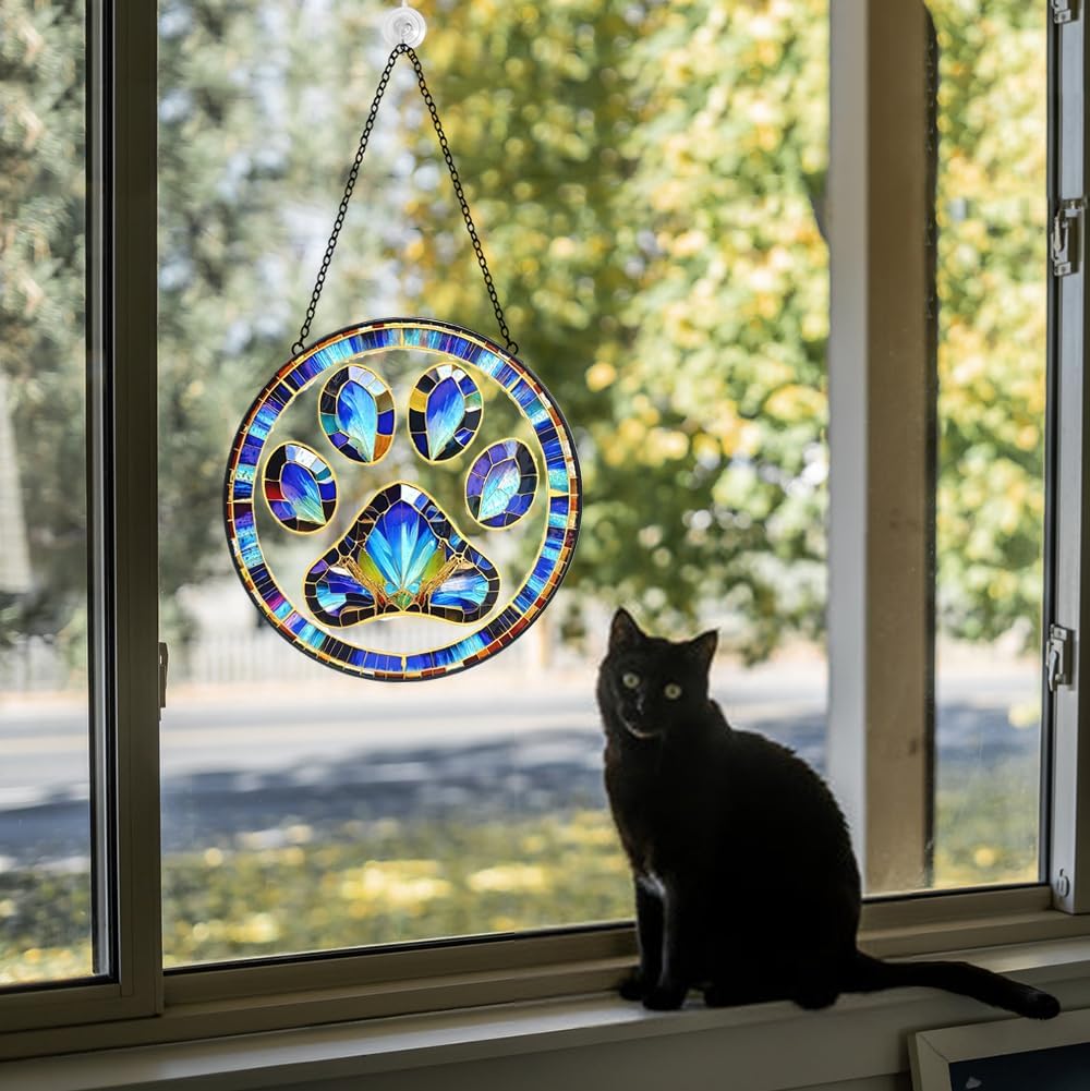 Dog Cat Paw Print Suncatcher Stained Glass Window Hanging - Handmade Stained Glass Panel