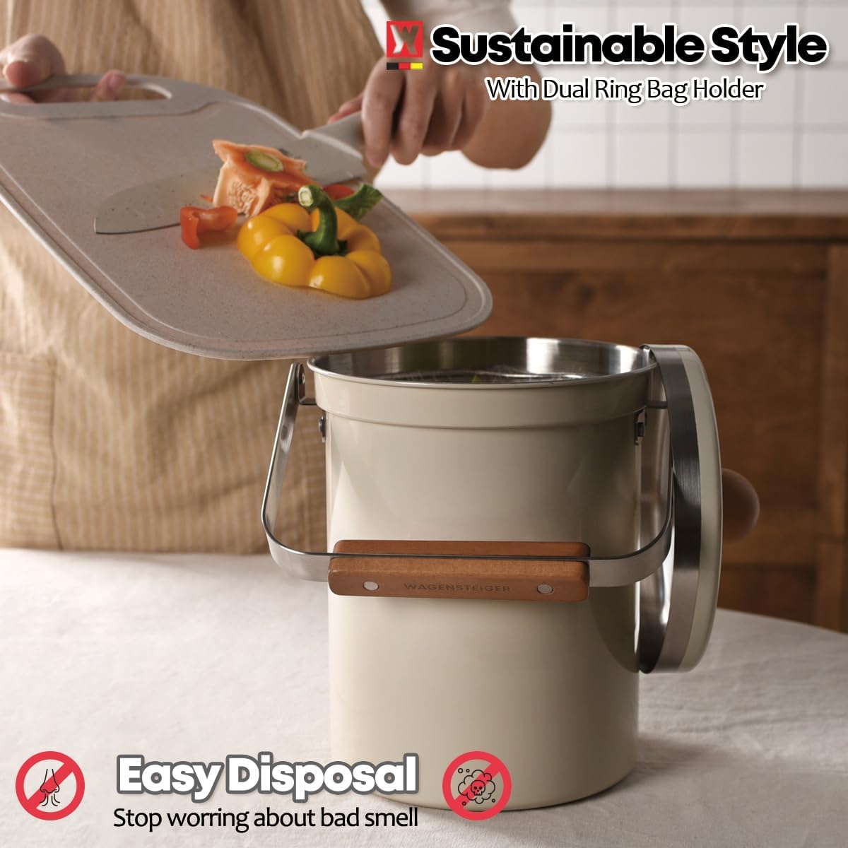 Kitchen Countertop Compost Bin 101ounces / 3Liters, Airtight Lid SUS304 Stainless Steel Odor-Free