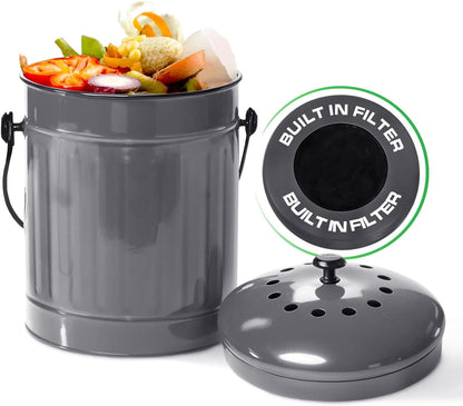 Plexon Countertop Compost Bin Kitchen with Lid, Gray 1.5 Gallon Odorless Container, Steel Food