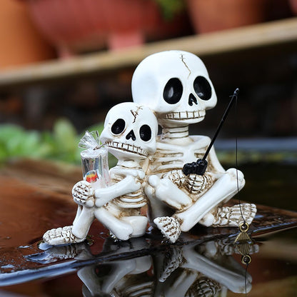 Fishing Skeleton Couple Statue Halloween Decorations, 3.54 Inch Funny Sitting Skull Figurine Shelf