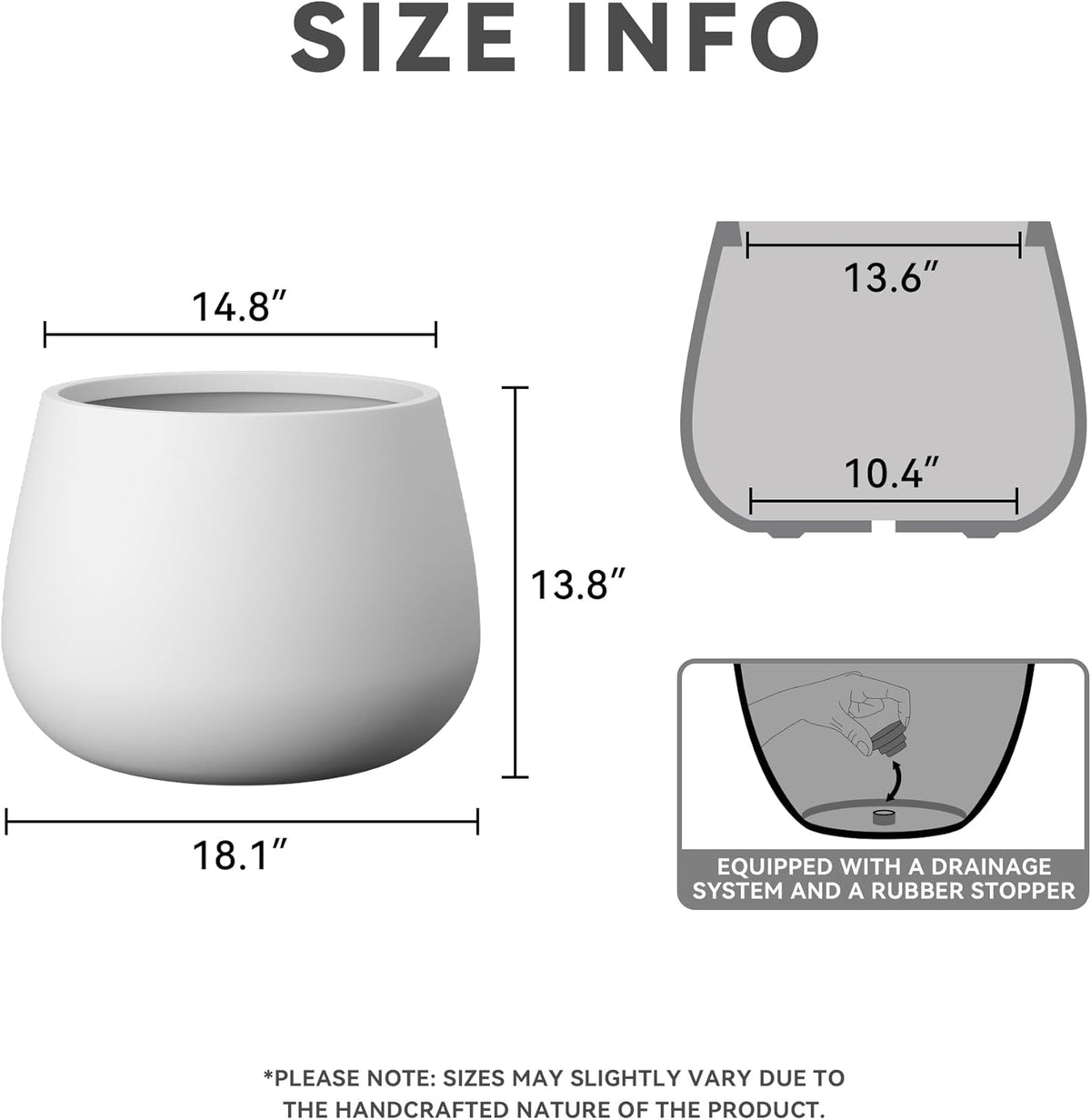 Kante Curva Series Planter, 14.8 Inch Round Concrete Garden Pot with Draiange Hole and Rubber Plug