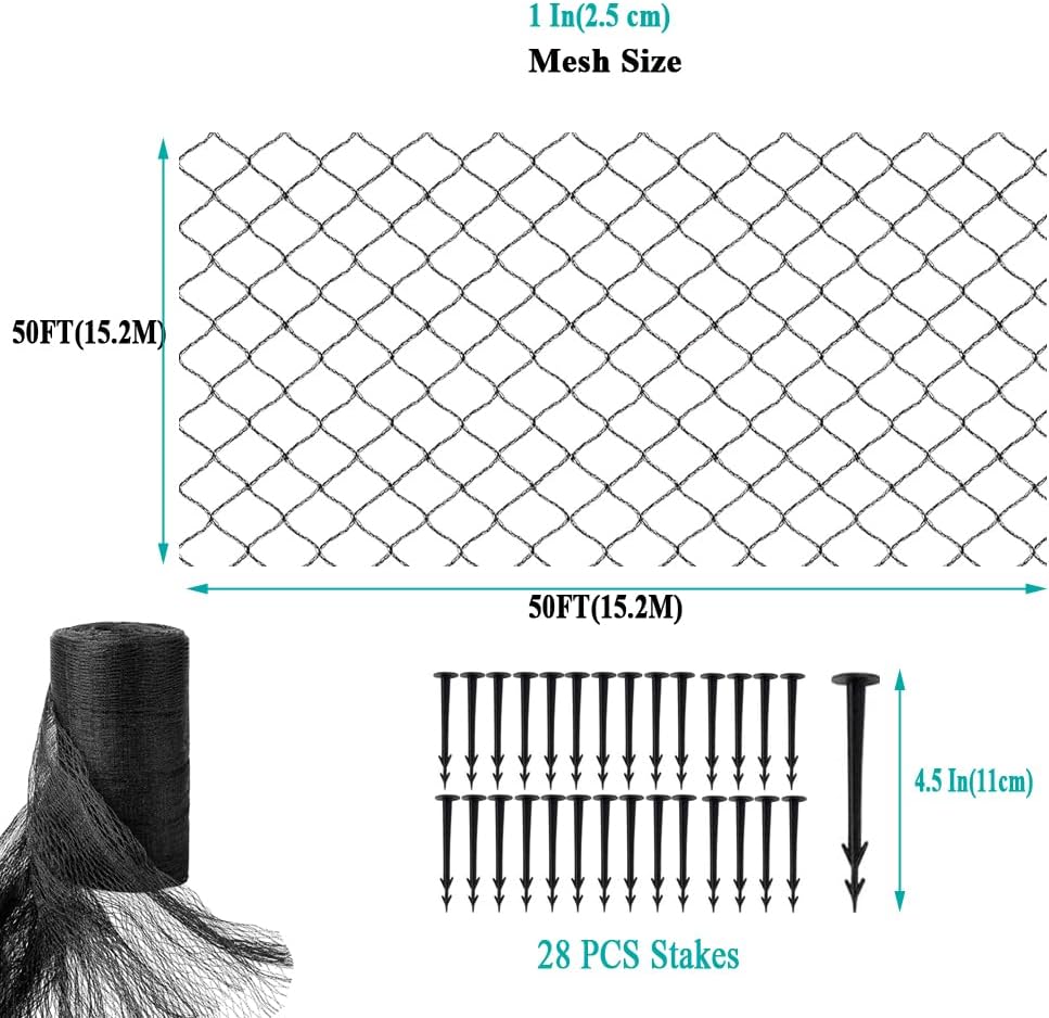 Koi Pond Netting for Leaves 25x50 Ft, 1 in Strong Woven Fine Mesh Pond Leaf Net Cover, Protecting