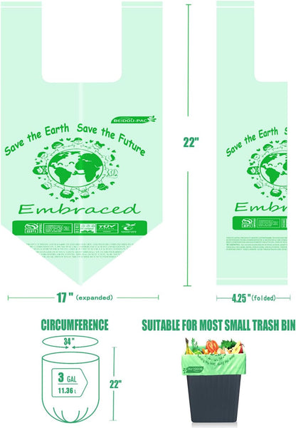 100% Compostable Trash Bags, 3 Gallon Compost Bags Small Kitchen Trash Bags with Handle, 100 Count