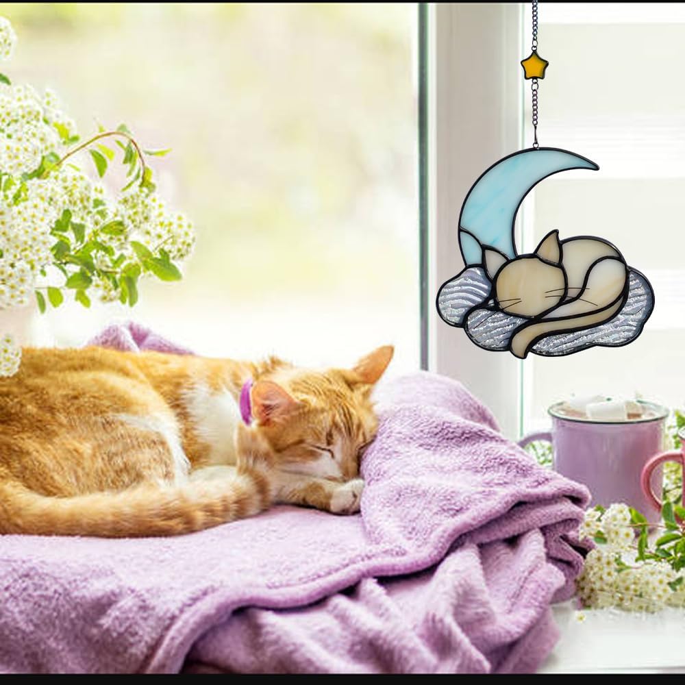 Orange Cat Decor On Blue Moon, Stained Glass Window Hanging, Suncatcher for Windows Panels