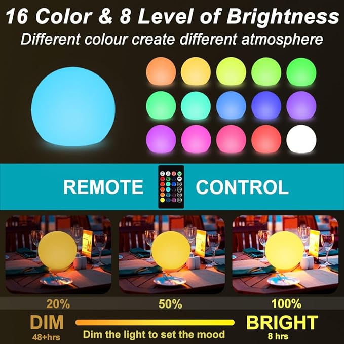 8-in Solar Globe Light Outdoor, Waterproof Solar Ball Light for Outside w/Remote, 16 RGB Color