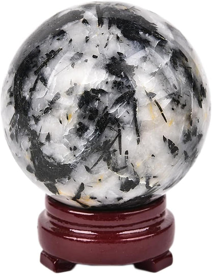 JIC Gem Natural Black and White Tourmaline Crystal Sphere with Wooden Stand Black Quartz Crystal