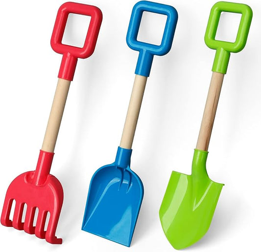 Dilabnba 16'' Kids Beach Shovels Sand Spades Toys Garden Tools, Wood Handle ABS Plastic Spade Rake
