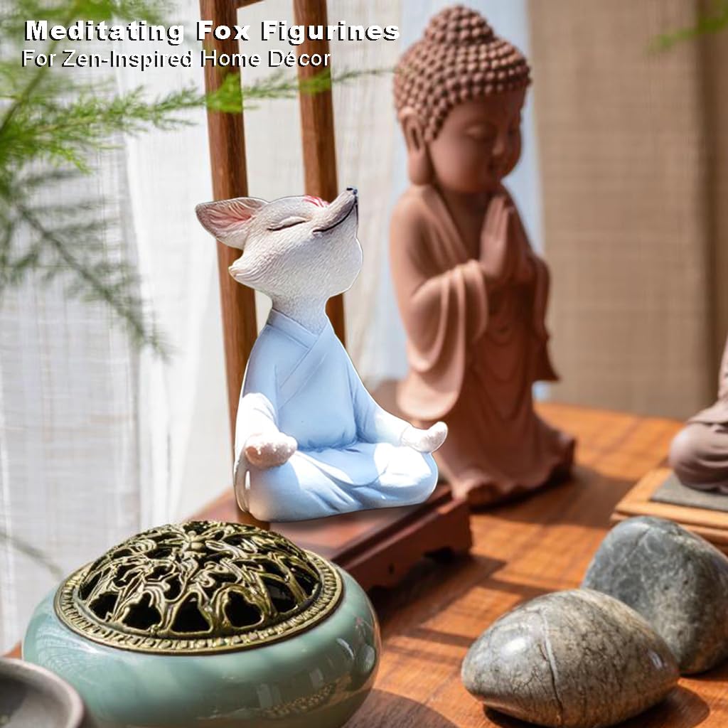 Meditating Buddha Fox Statue Resin Zen Animal Sculpture Yoga Figurine Indoor Outdoor Fengshui Decor