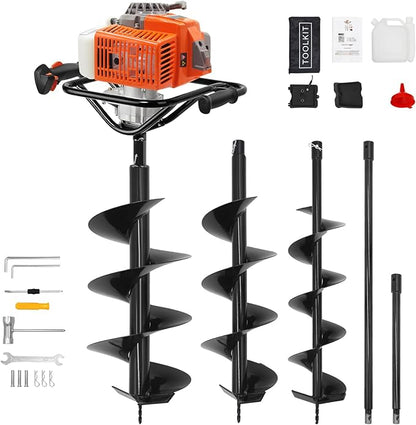 72cc 2-Stroke Auger Post Hole Digger with 2 Extension Rods & 6" & 8" Auger Bits - Gas Powered Earth