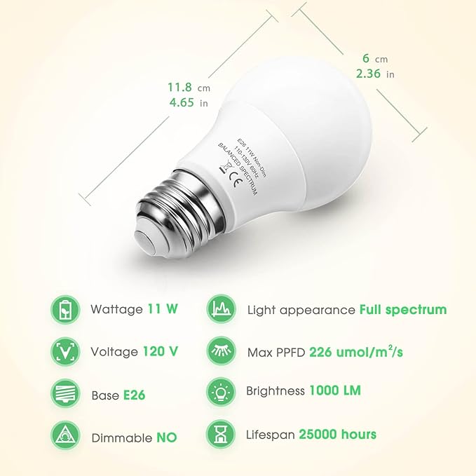 LED Grow Light Bulb A19 - Full Spectrum E26 Base, 11W (100W Equivalent) for Indoor Plants, Flowers