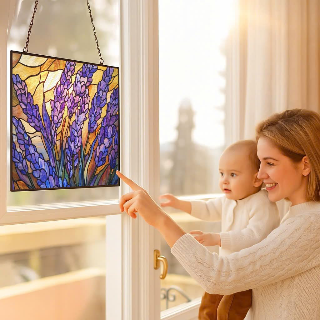 Rectangle Art Nouveau Morning Lavender Stained Glass Suncatcher Window Hangings, Suncatchers