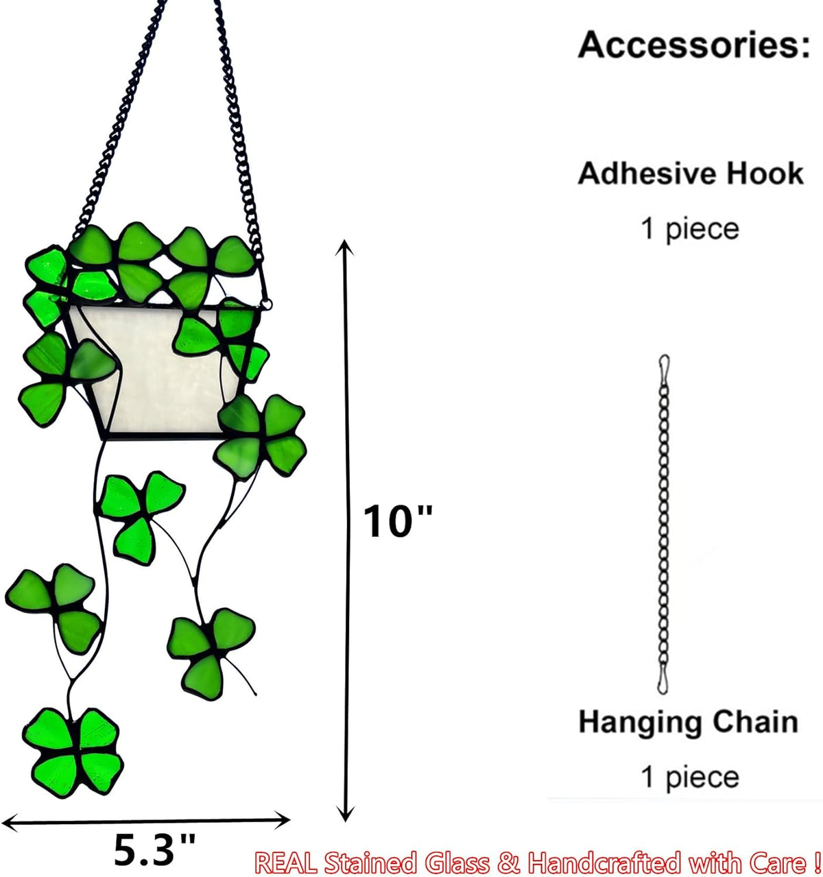 Stained Glass Four Leaf Clover Decor Suncatcher for Window, Artificial Green Plants Stained Glass