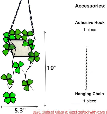 Stained Glass Four Leaf Clover Decor Suncatcher for Window, Artificial Green Plants Stained Glass