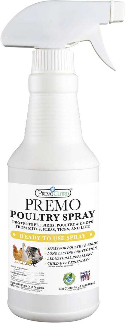 Premo Guard Poultry Spray - 32 oz - Kill Scaly Leg, Mites, Fleas, Lice, & Other Pest on Chickens