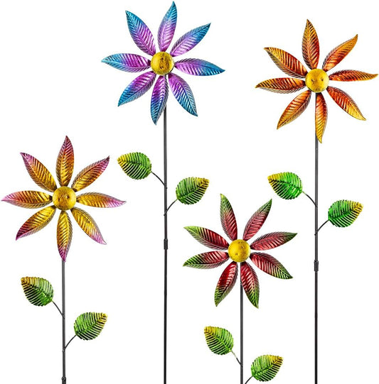 Stargarden 4Pcs Metal Outdoor Wind Spinners, Small Pinwheels for Yard, Decorative Garden Stakes for