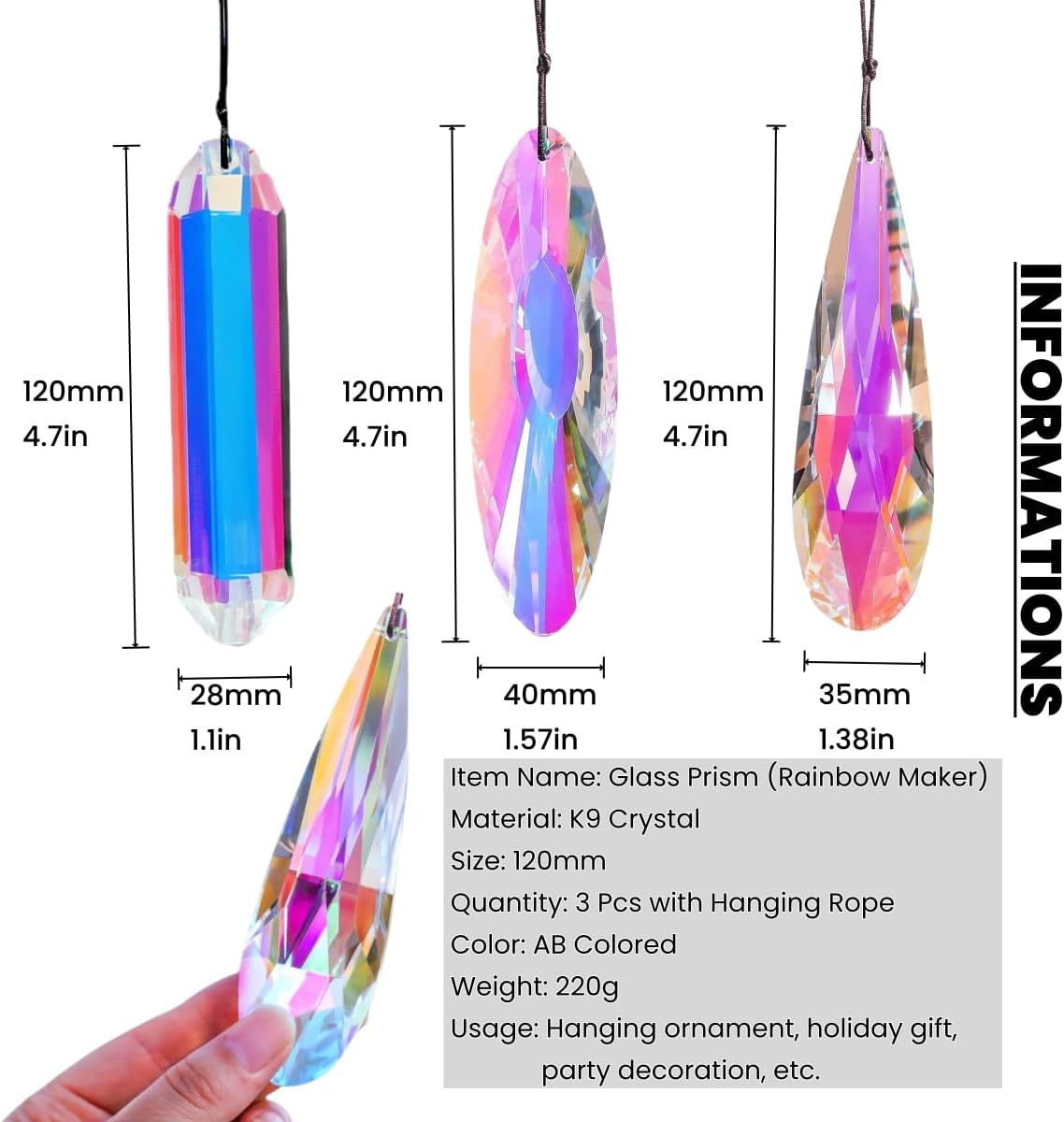 3Pcs 5-inch Crystal Sun Catcher Prisms for Windows Garden Patio,AB Colored Hanging Suncatchers with
