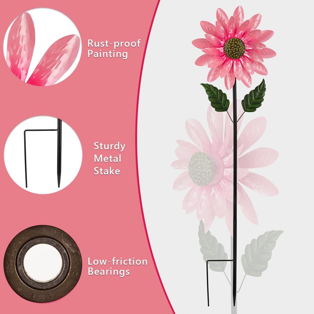 Viveta Wind Spinner Outdoor, Decorative Wind Sculpture wtih Sturdy Stake,Pink Pinwheels for Yard