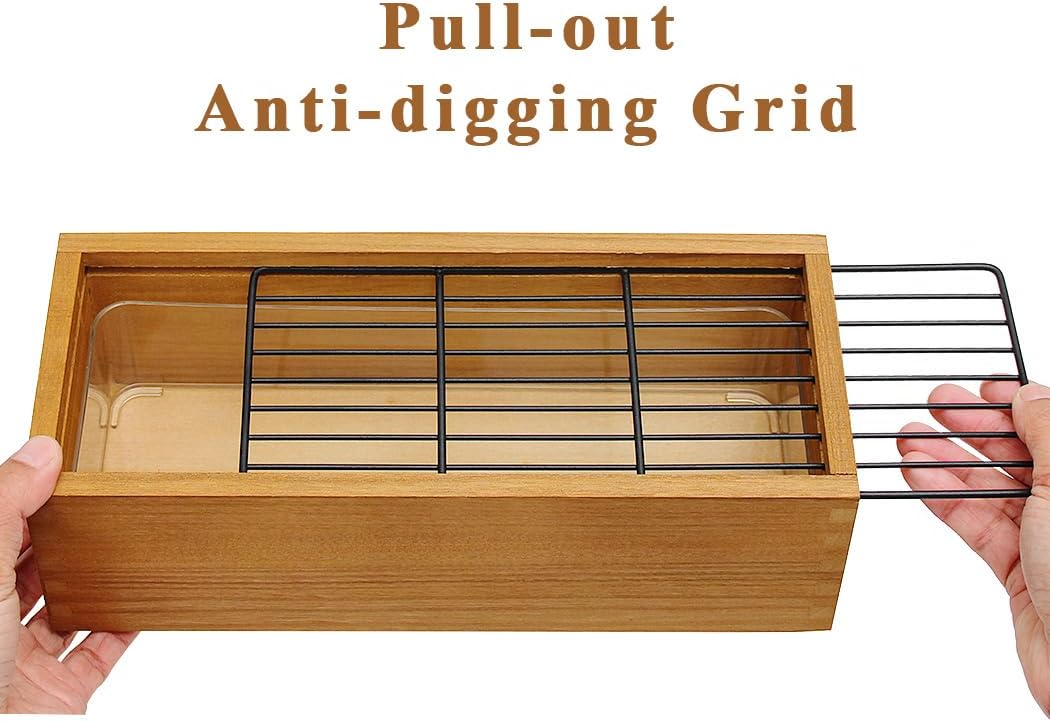 Wooden Cat Grass Planter (no Seeds Included) with Potting Soil Disks, Anti-Digging Grid and