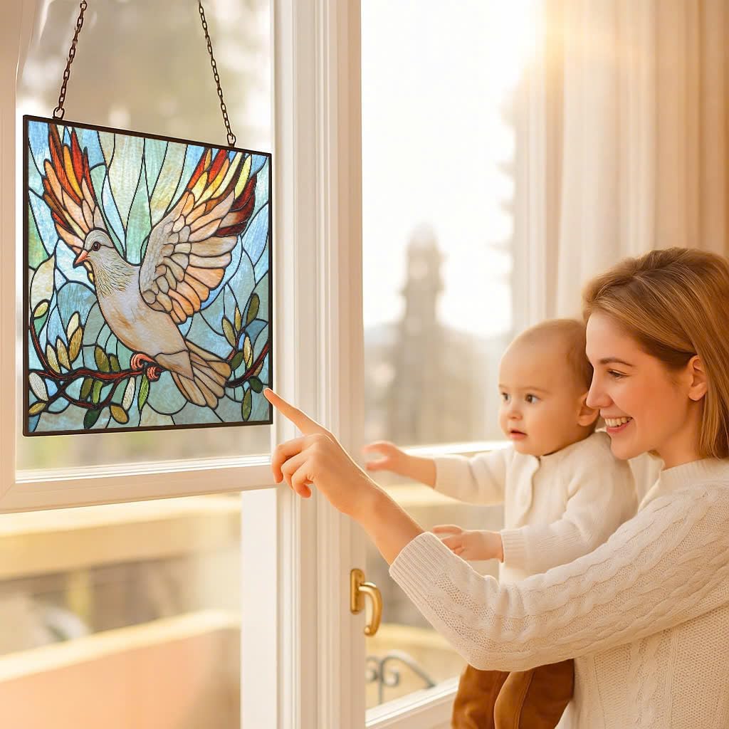 Rectangle Art Nouveau Dove and Olive Suncatchers for Windows, Stained Glass Window